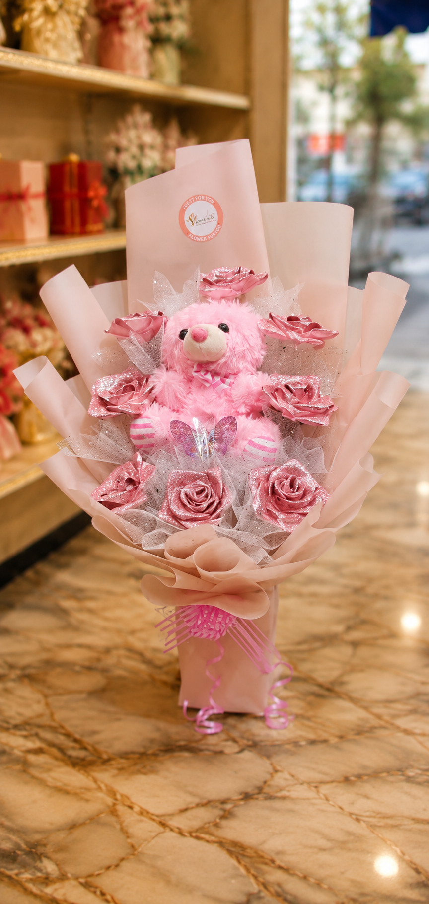 Enchanted Pink Bear & Rose Bouquet