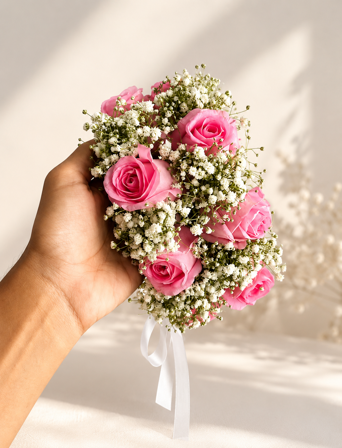 Elegant Pink Rose and Baby's Breath Wristlet