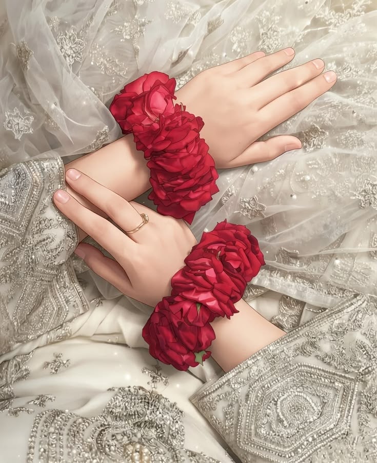 Red Rose Fresh Flower Bridal Wrist Corsage (Pair) – Mehndi, Mayun & Wedding Floral Bracelets